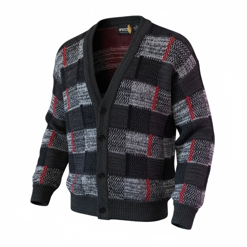 Vintage Plaid Cardigan Large Jacquard Knit VNeck 80s Sasson